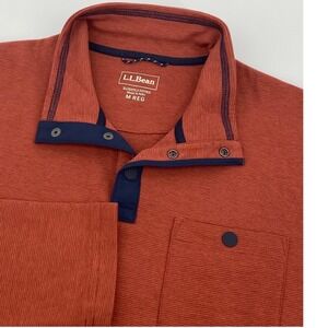 LL Bean Bold Coast Pullover Men Medium REG Orange Striped Long Sleeve Snap Neck